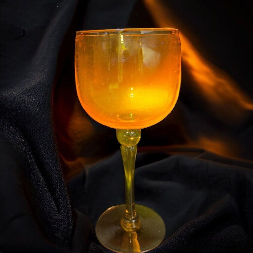 Blenko Yellow Hand Blown Sniffer Footed Goblet Compote Cadmium UV Glowing‎ Glass